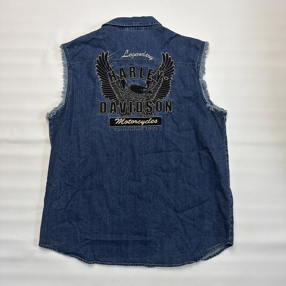 Harley-Davidson Embroidered Eagle Blue Frayed Denim Jean Mens Snap Vest Size X-L